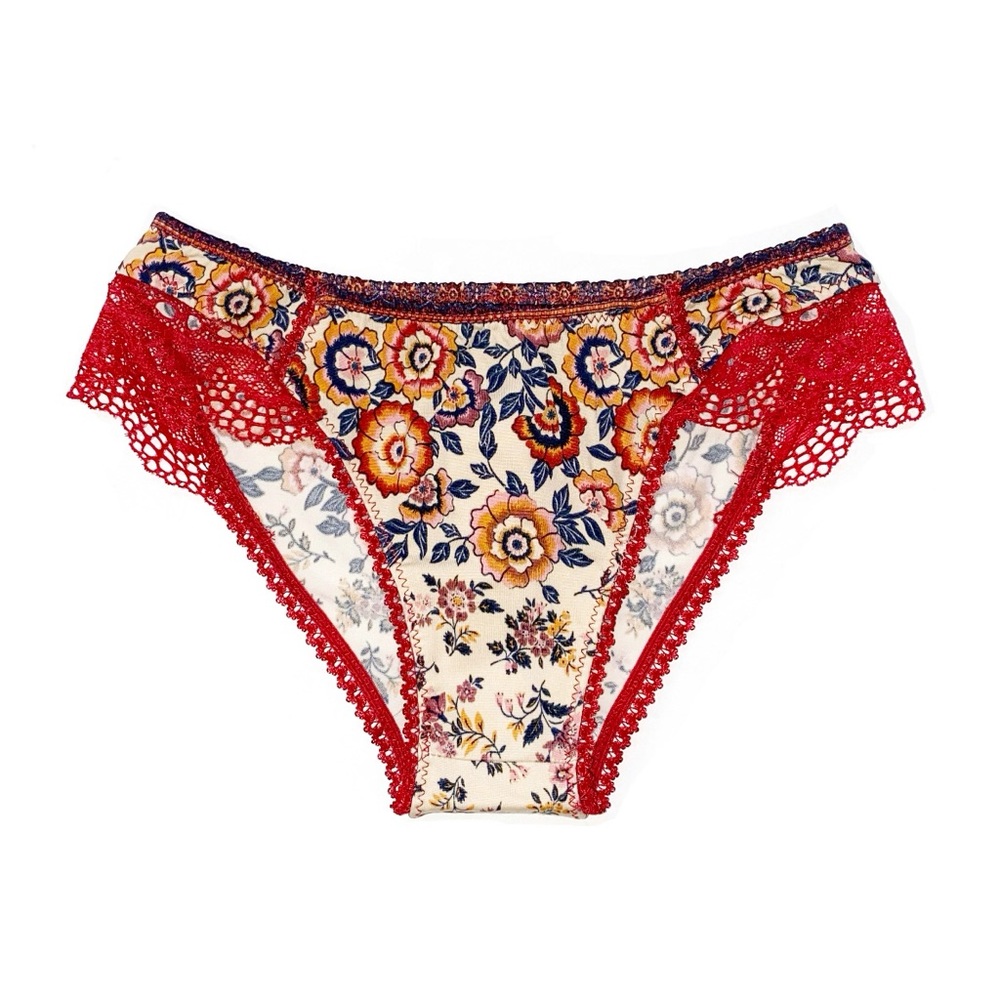 SPELL RED CREAM BROWN FLORAL PRINT ELLE ROSEWOOD LACE BRIEFS UNDERWEAR